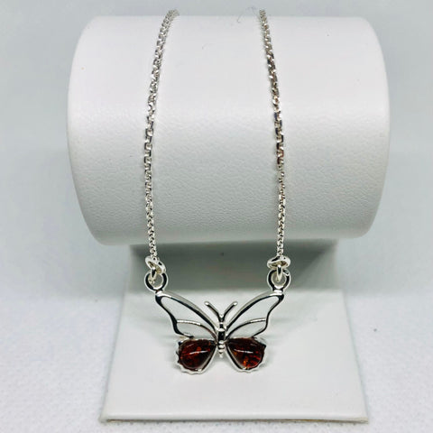 Delicate Butterfly Necklace in Silver with Amber