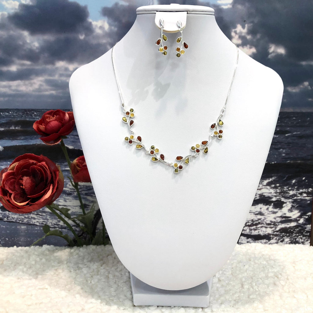 Baltic Amber Leaf and Flowers Vine Necklace