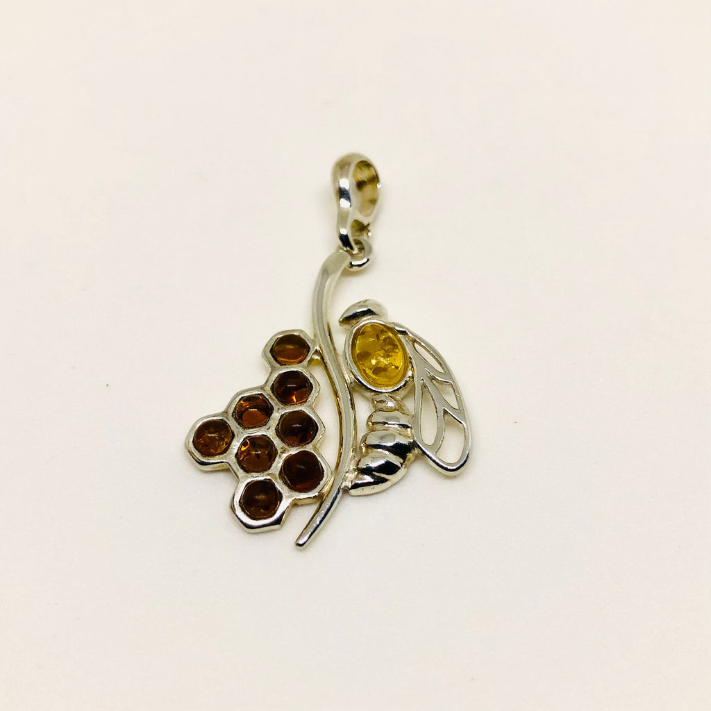 Honey and Bee Pendant in Silver and Amber