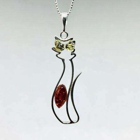 Cat Pendant in Silver with Amber