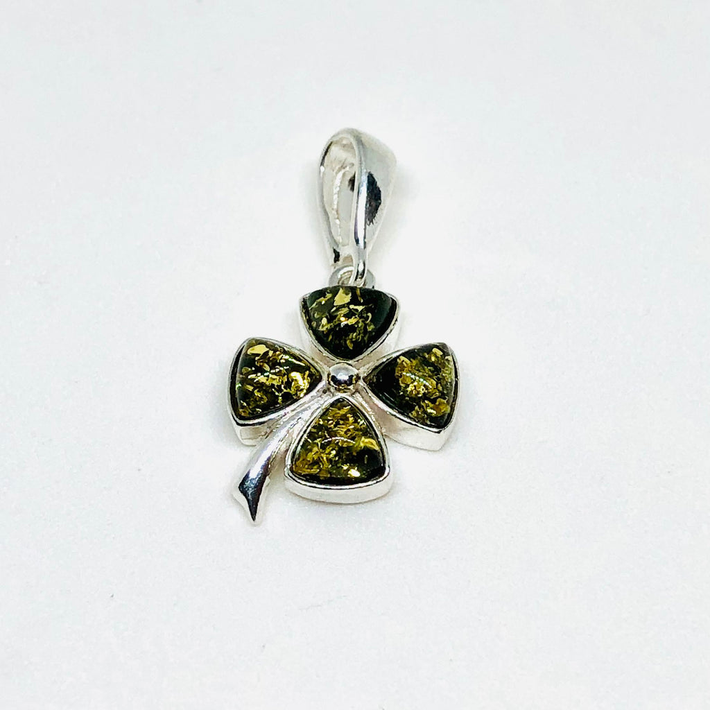 Delicate Four-Leaf Clover Pendant in Green Amber