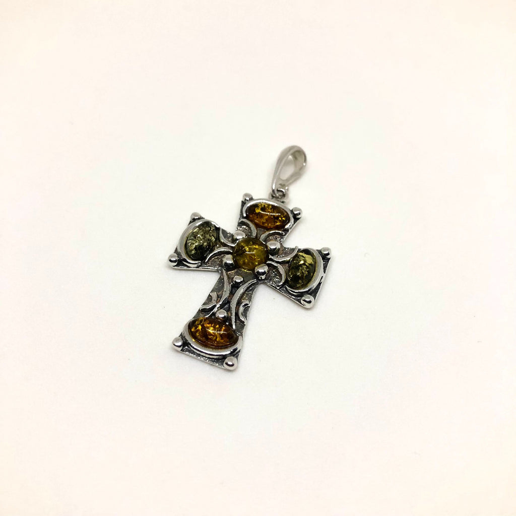 Silver Cross Pendant with Amber