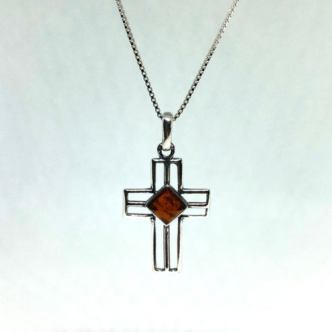 Silver Cross with Amber in Diamond Shape
