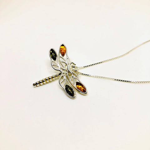 Dragonfly Pendant in Silver and Amber