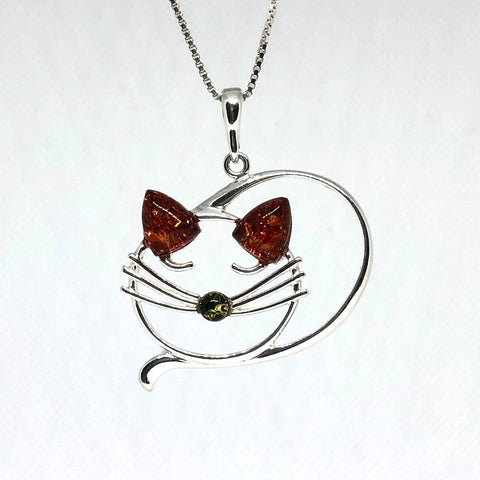 Sleeping Cat Pendant in Silver with Amber