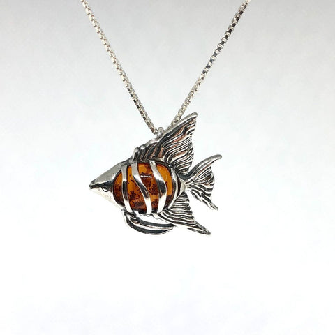 Fish Pendant in Silver with Amber