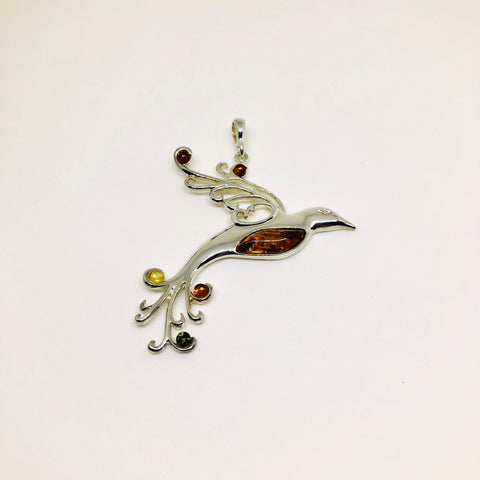 Bird-Of-Paradise Amber and Silver Pendant