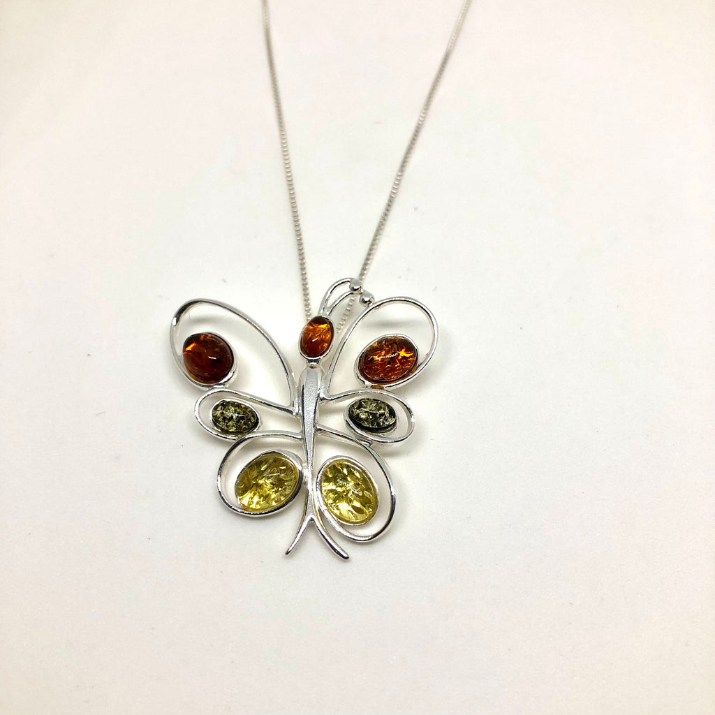 Unique Butterfly Pendant in Multicolour Amber and Silver