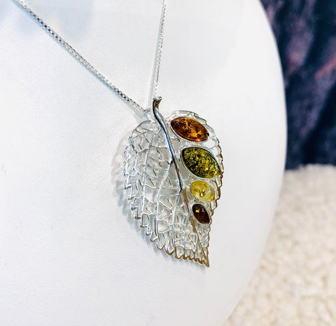 Baltic Amber and Silver Leaf Pendant