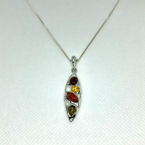 Sleek Multicolour Amber Pendant in Silver