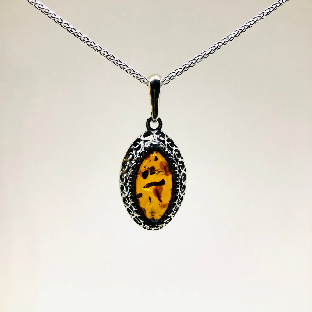 Amber and Silver Marquis Pendant in Filigree Setting on Chain