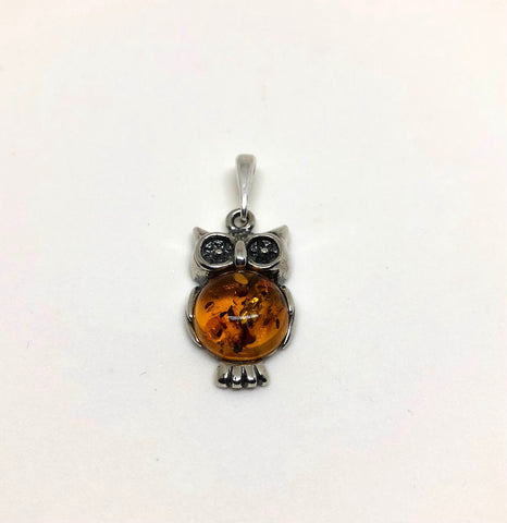 Owl Pendant in Silver and Amber