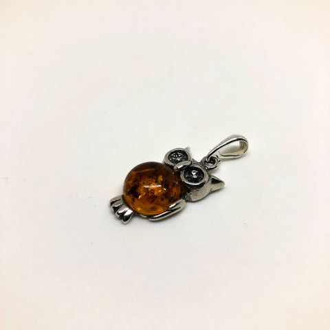 Owl Pendant in Silver and Amber