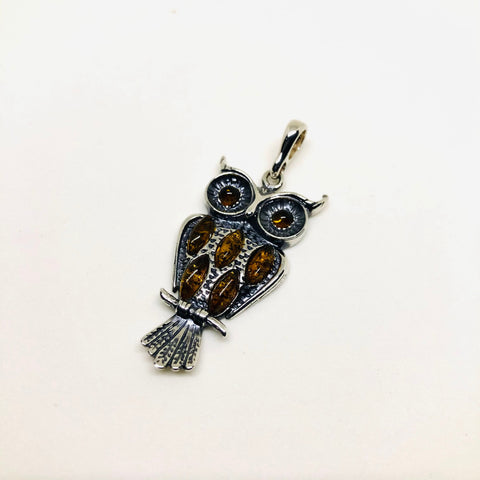 Owl Pendant in Silver with Amber