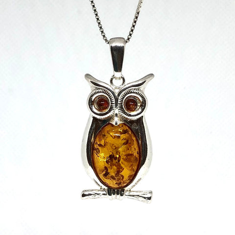 Owl Pendant in Silver with Amber