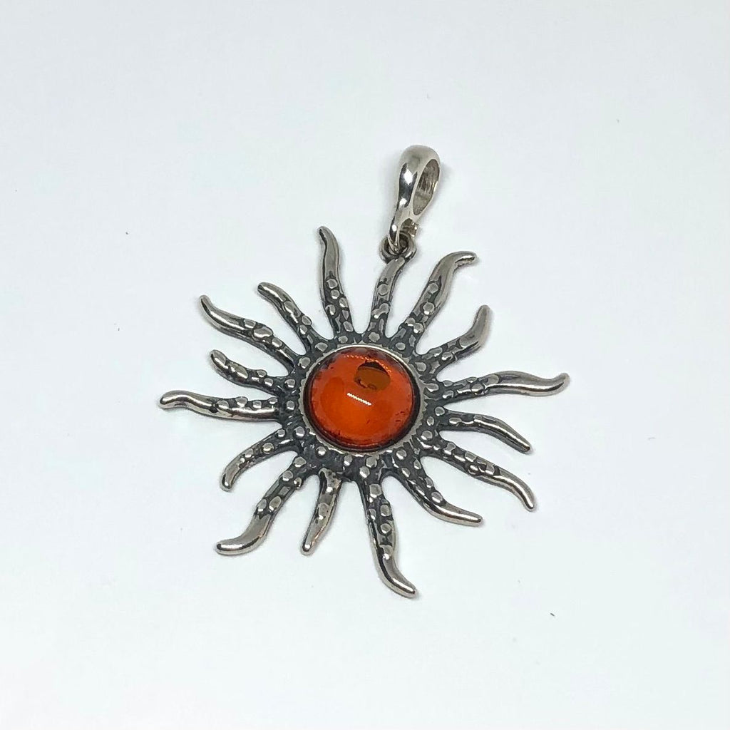 Sun Pendant in Oxidized Silver with Amber