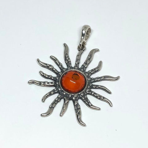 Sun Pendant in Oxidized Silver with Amber