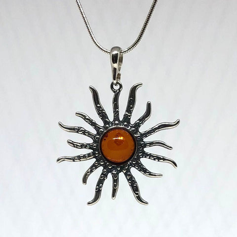 Sun Pendant in Oxidized Silver with Amber