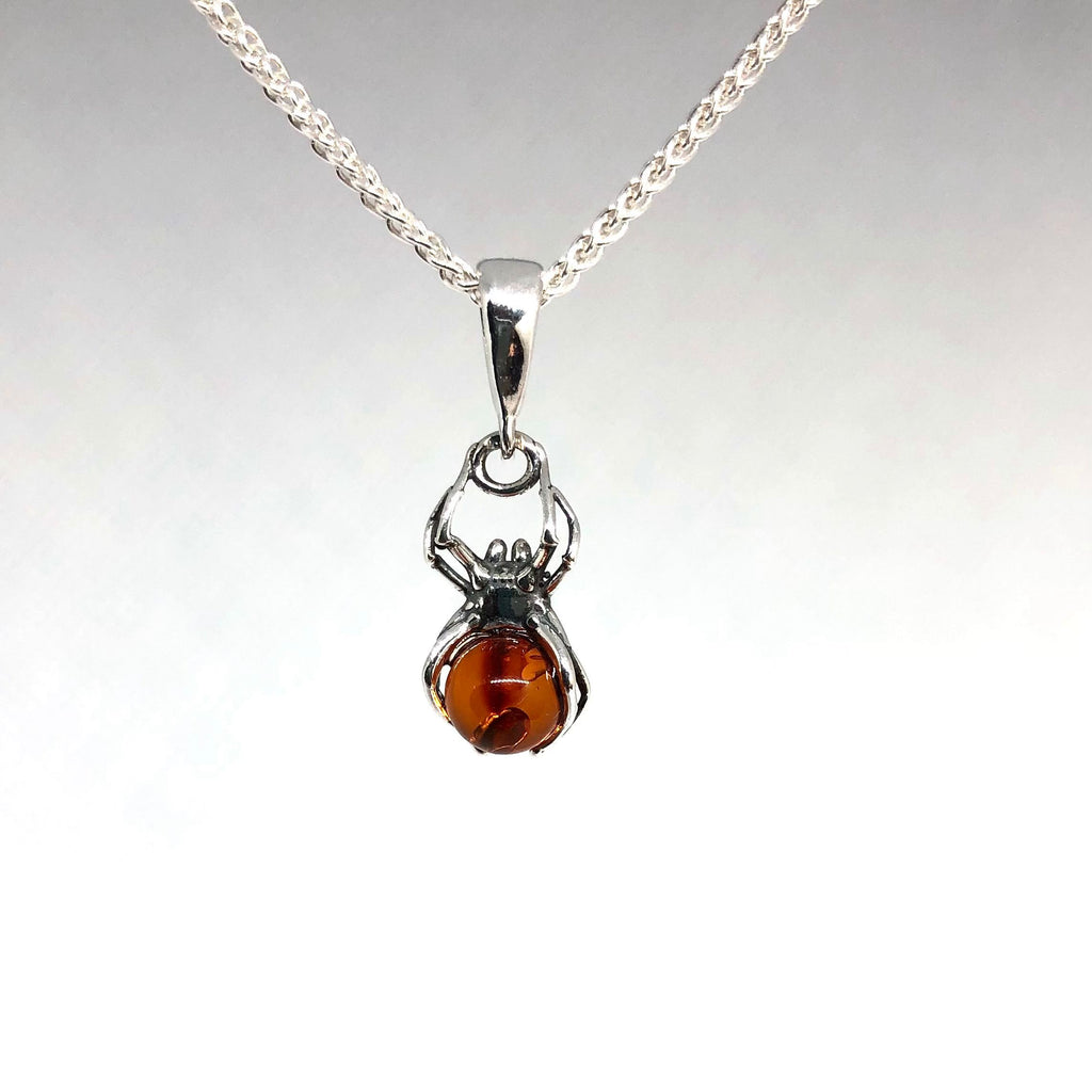 Small Spider Pendant in Silver and Amber