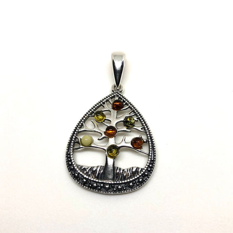 Tree of Life Pendant in Silver and Multicolour Amber