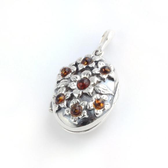 Baltic Amber Silver Flower Locket Pendant available at The Amber Room