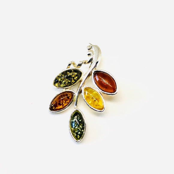 Baltic Amber and Silver Multicolour Leaf Pendant