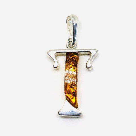 Amber and Silver Pendant - Initial "T"