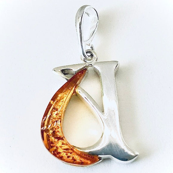 Amber and Silver Pendant - Initial "U"